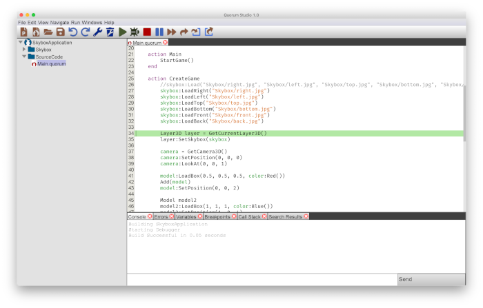 This is an image of Quorum Studio with a breakpoint that has been hit in execution.