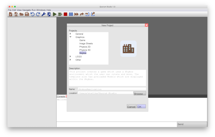 This image shows Quorum selected in the left pane and the four
project types, in addition to a description field, a name field, and an ok button.