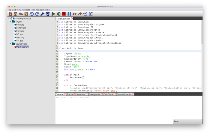 This is an image of Quorum Studio with a project open. On the top,
the run and debug buttons are present. All of these buttons are available with
keyboard shortcuts like COMMAND or CTRL + R for running and + D for debugging.