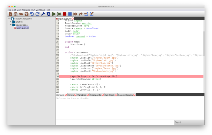 This is an image of Quorum Studio with a breakpoint set.