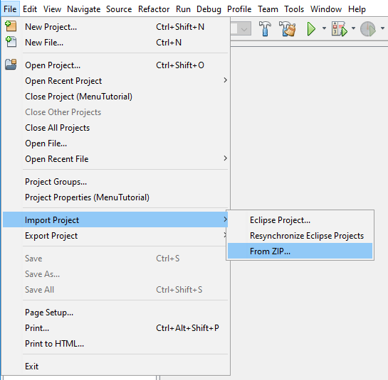 This image shows an example of a Menu in NetBeans. The File menu is chosen, with Import Project chosen under it and expanded. From Zip is the final choice highlighted.