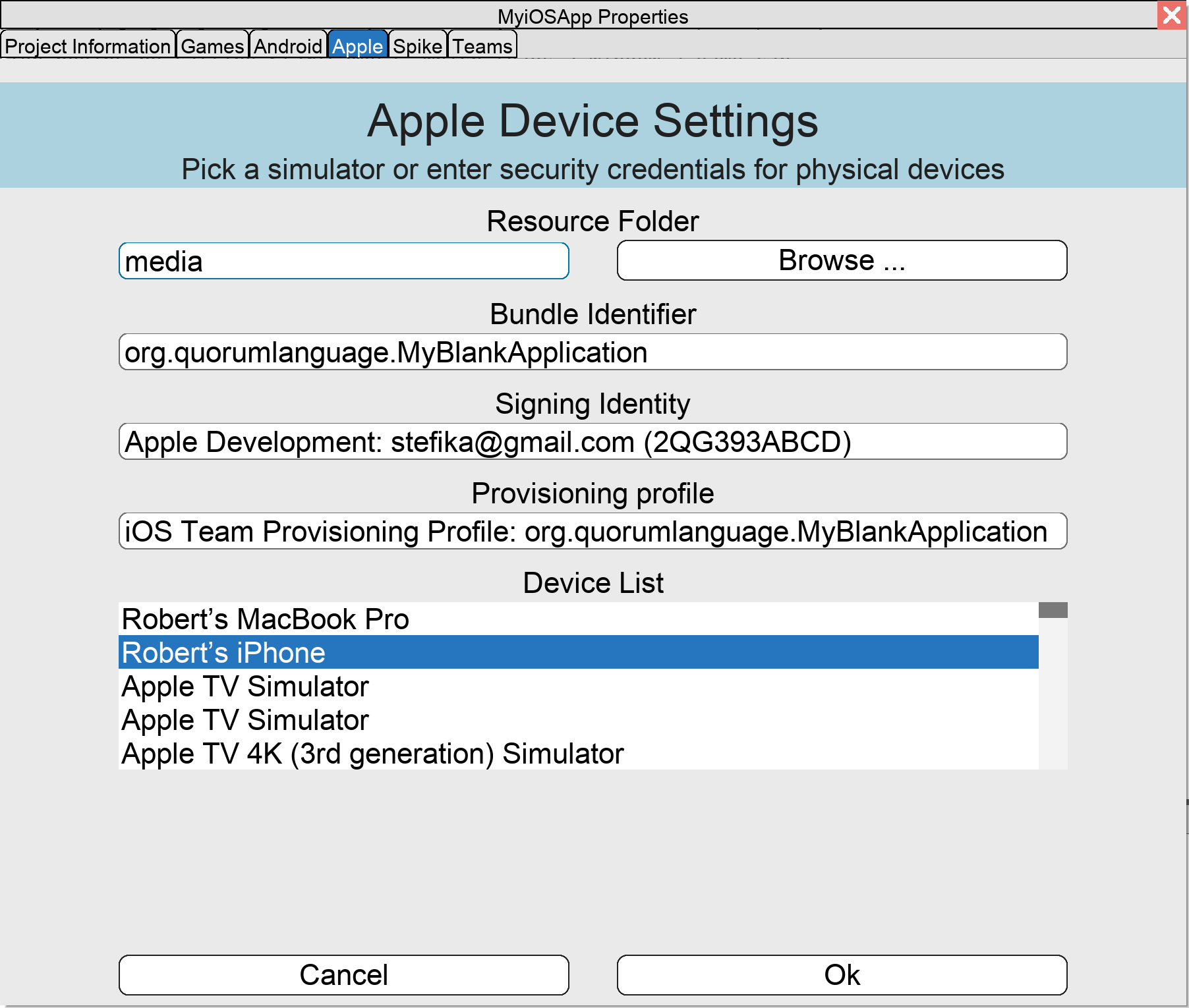 Screenshot of the Apple Device Settings window in Quorum Studio with example iOS configuration fields.