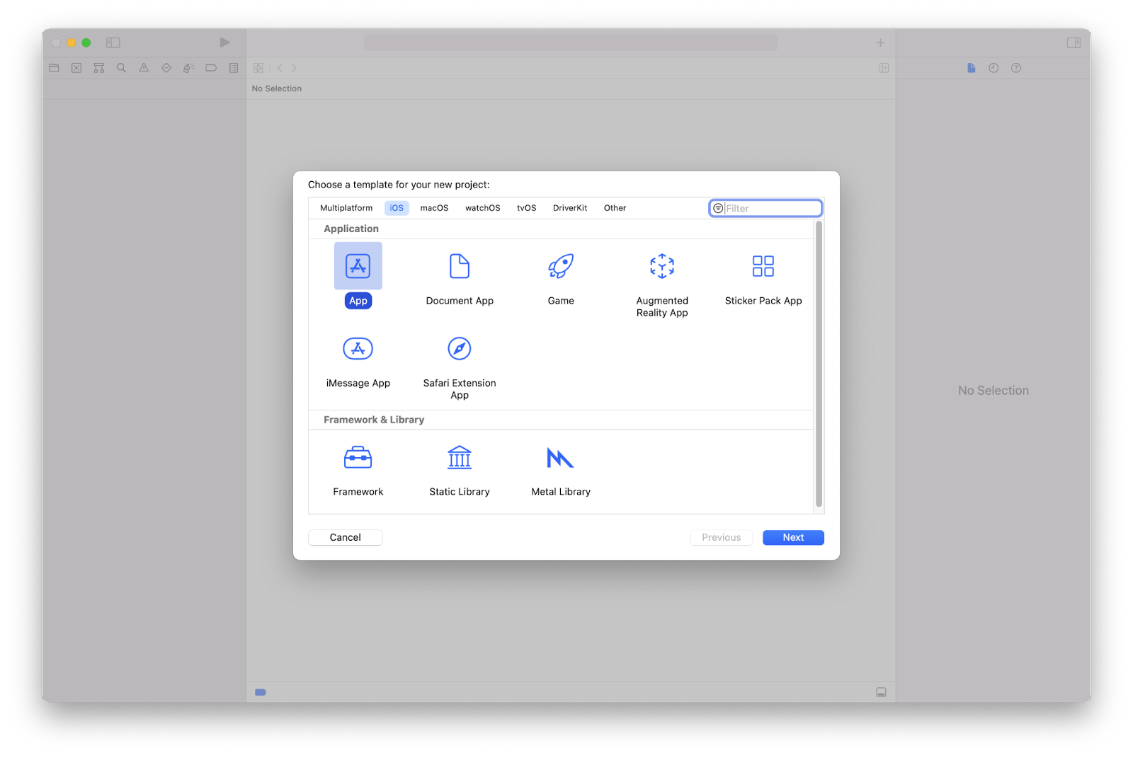 The Xcode new project dialog window where you can choose a dialog and the App template is selected.