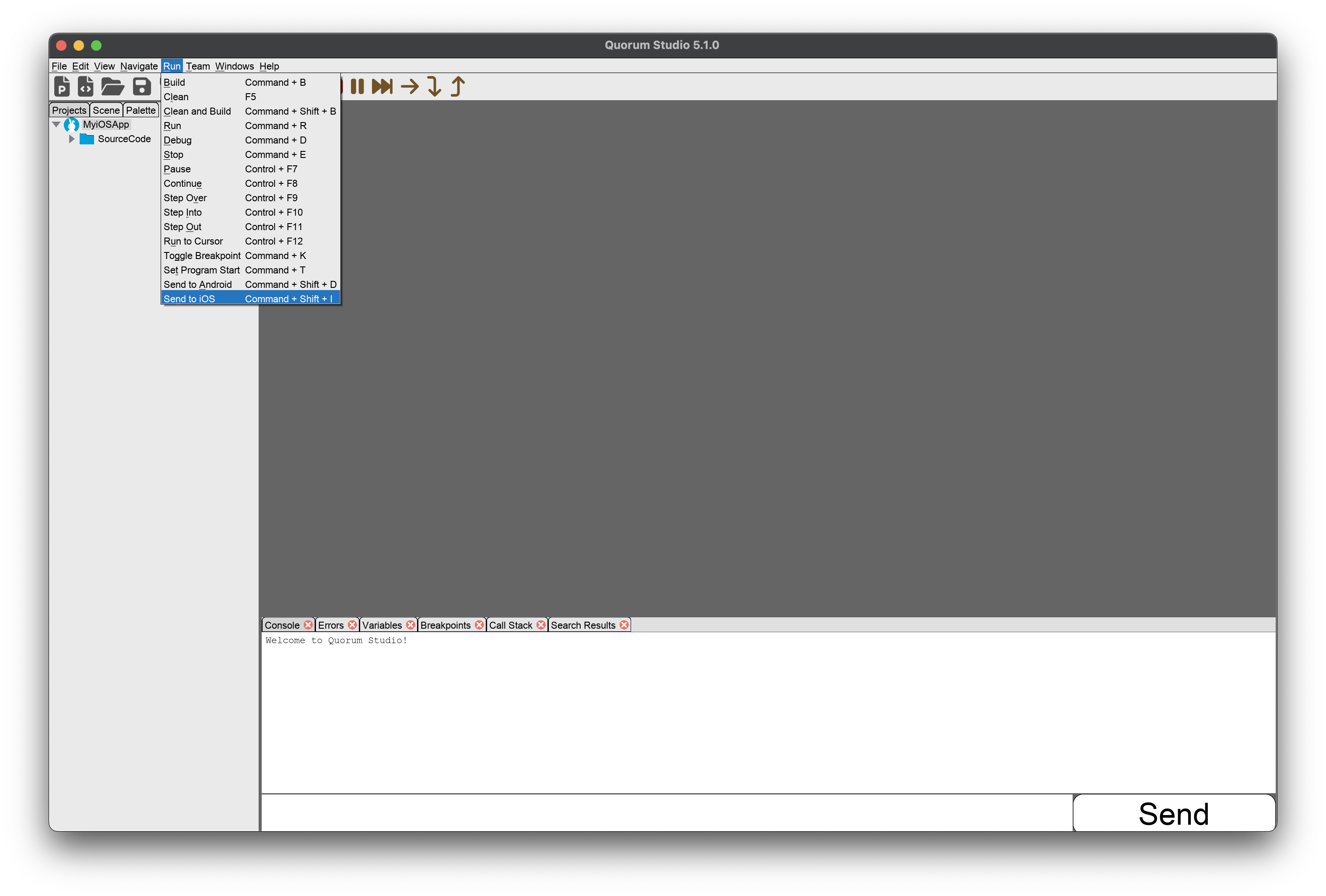 Quorum Studio with the Run Menu bar item open and Send to iOS is selected